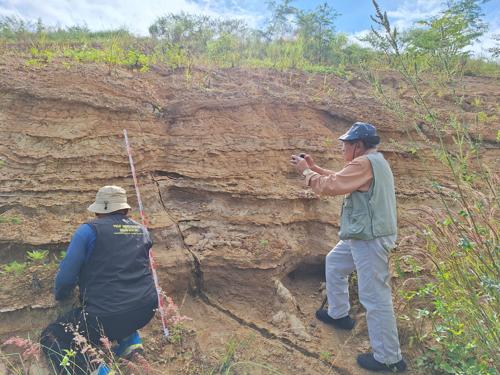 Singkapan perulangan tuf menghalus ke atas (graded-bedding) dengan lapisan oksida besi di bagian bawahnya, terlihat terpotong oleh sebuah kekar (retakan)